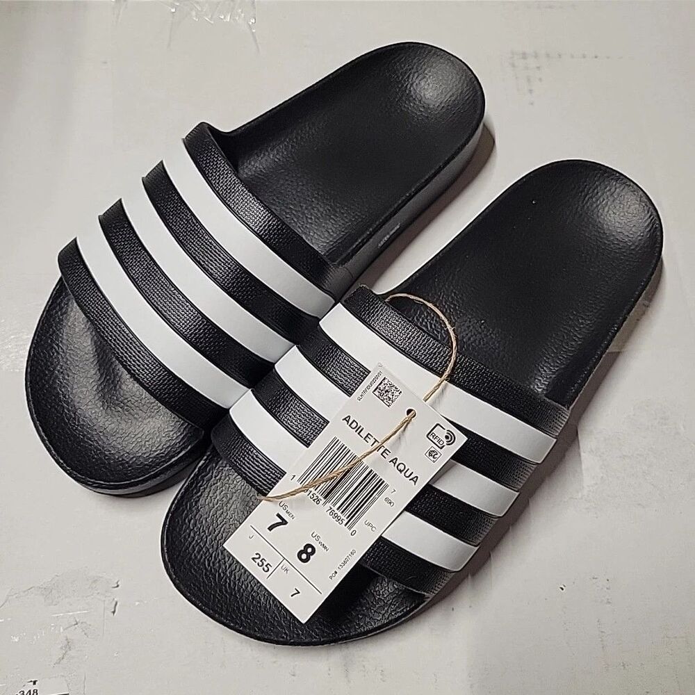 NEW adidas Adilette Aqua Slide Sandal Black / White / Black Size 7 Beach Pool